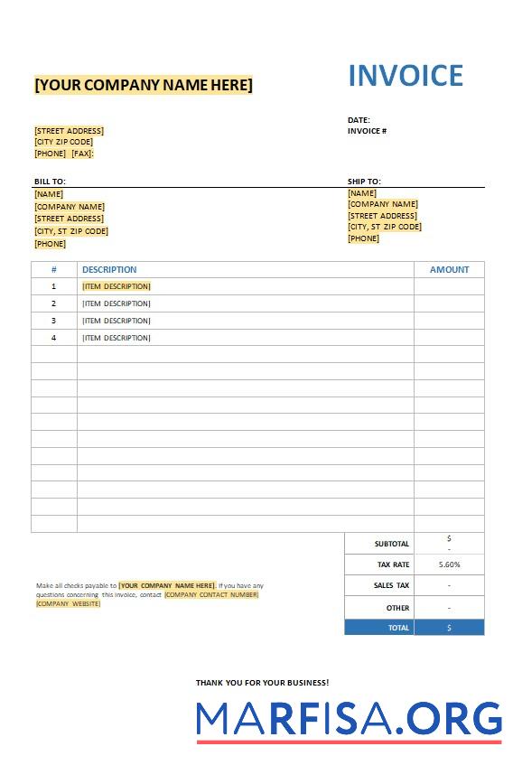 Realistic Free Invoice with Sales Tax Template